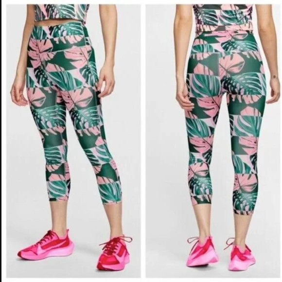 Nike Dri Fit Leggings S Pink Monstera Palm Leaves Cropped High Rise Tropical - Picture 2 of 9